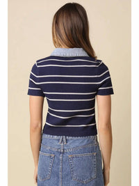 Olivaceous - Leni Striped Contrast Denim Collar Top
