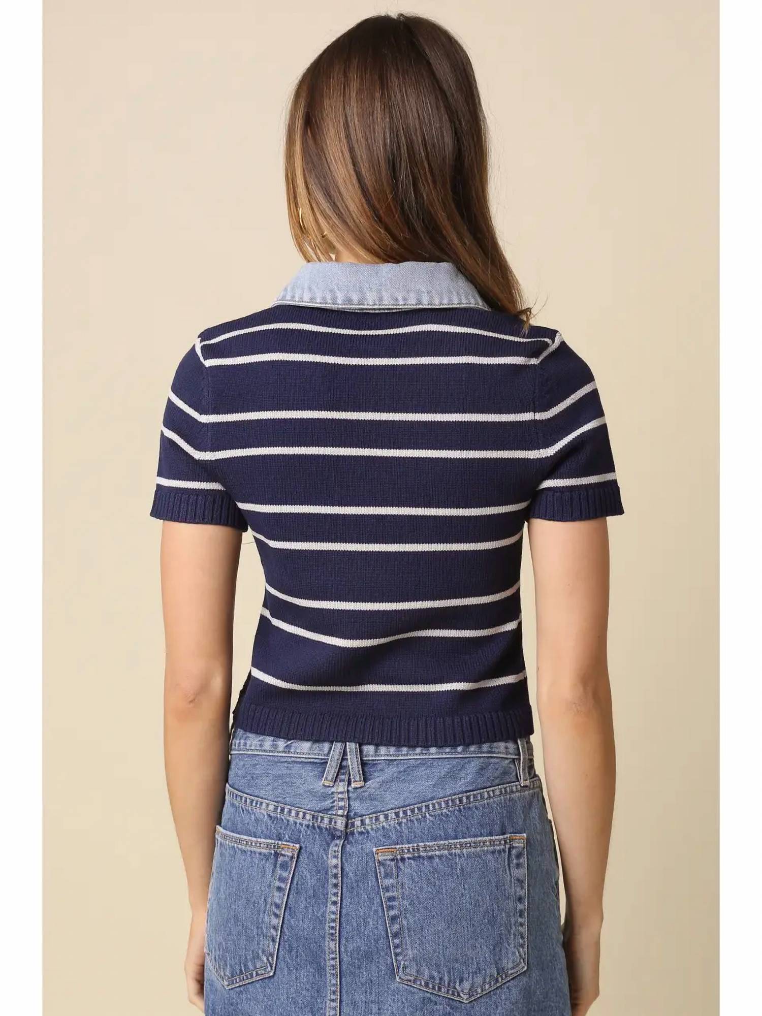 Olivaceous - Leni Striped Contrast Denim Collar Top