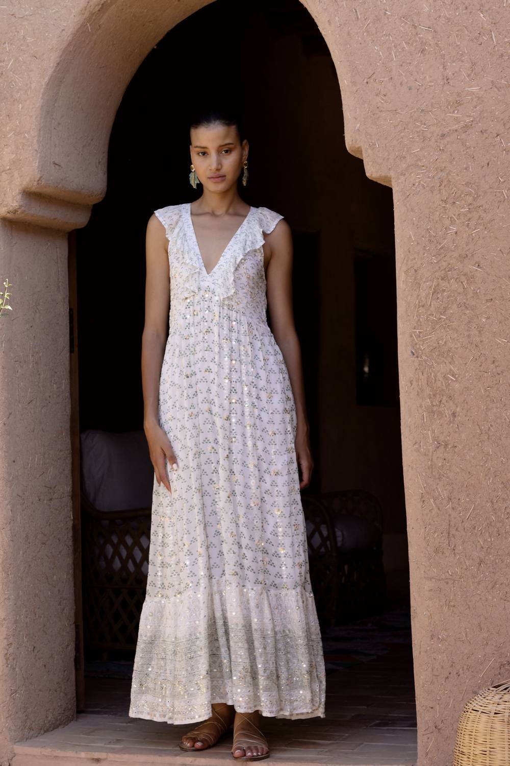Oliphant - Women's Ruffle V Neck Maxi Dress