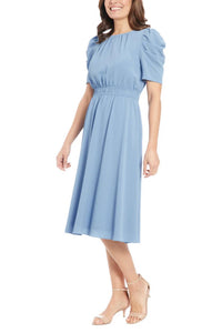 London Times - Shirred Neck Caterpillar Sleeve Midi Dress