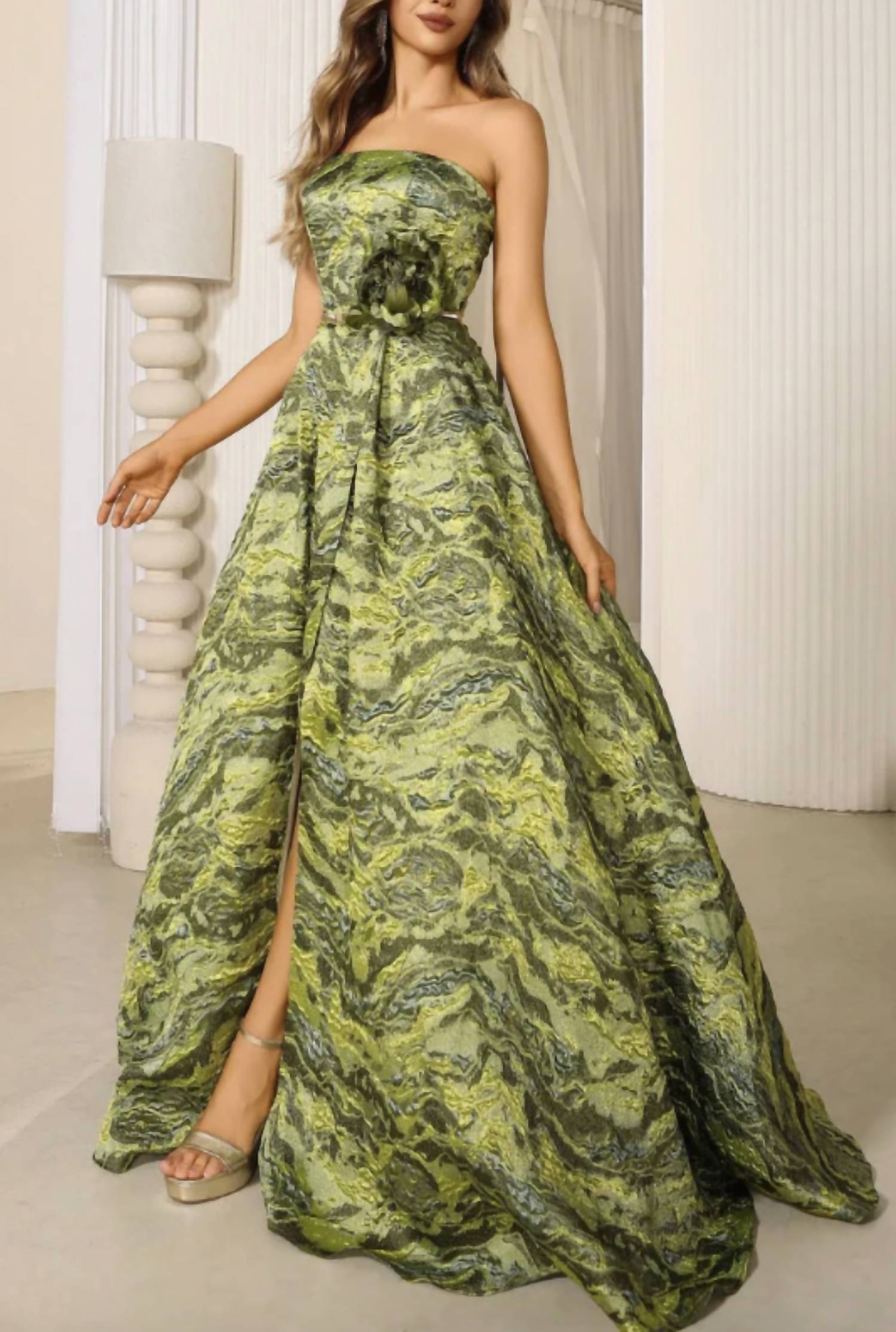 Terani Couture - Lava Jacquard Sleeveless High Slit Evening Ballgown
