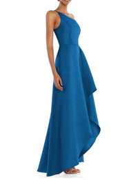 ALFRED SUNG One-shoulder Twill High-low Gown in classic blue - women's dress - detail view