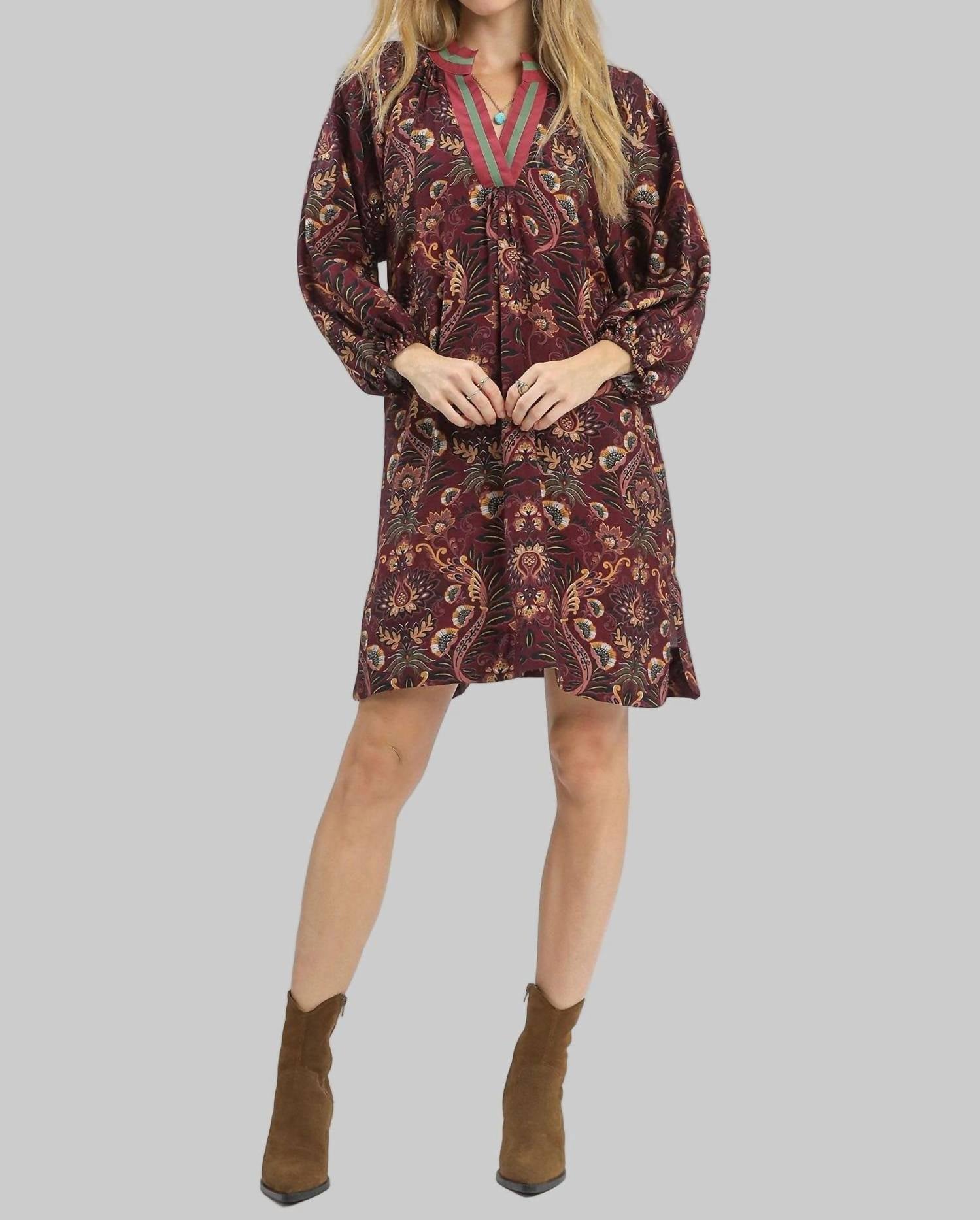 Umgee - Floral Damask Print Collared Dress