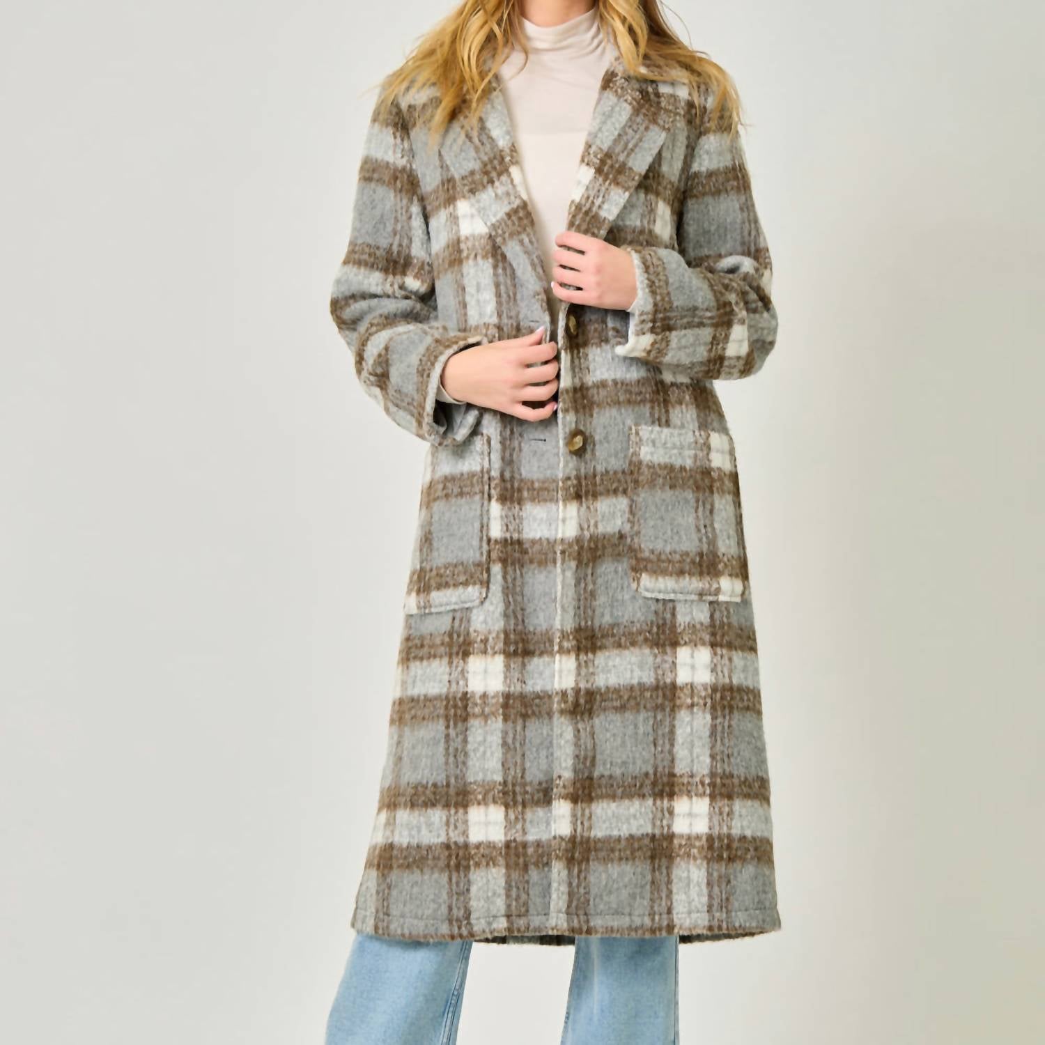 mystree Plaid Long Coat in grey taupe - women's jacket
