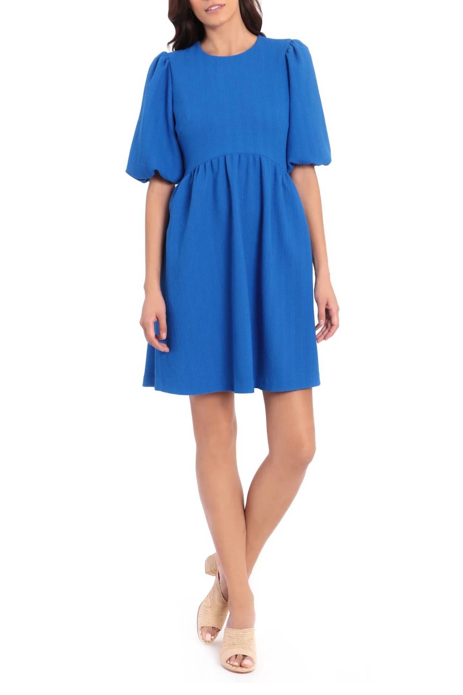 Maggy London - Crew Neck Puff Short Sleeves Back Zipper Short Knit Dress