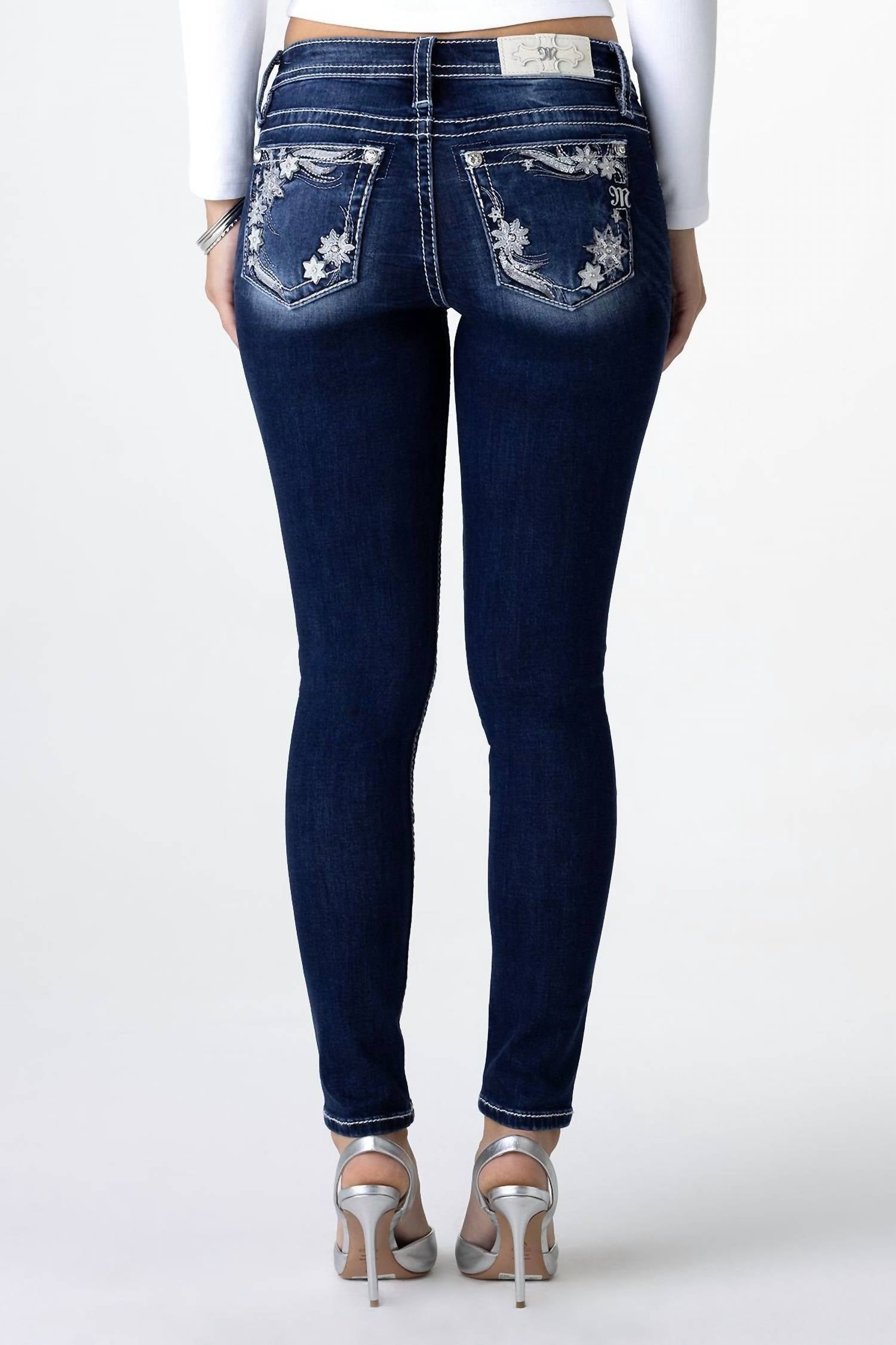Miss Me Missi Mid Rise Skinny Jean in blue - women's jeans - detail view