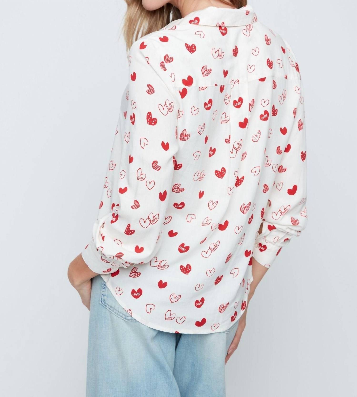 Renuar Heart Prints Button Blouse in scarlet combo - women's blouse - alternate view