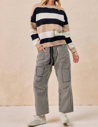 BiBi Women's Striped Sweater in black oatmeal - women's sweater