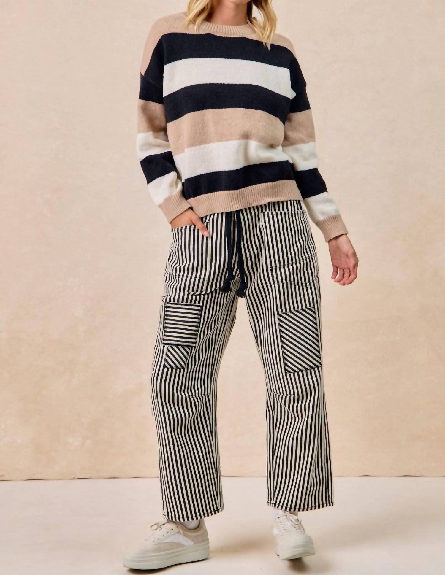 BiBi Women's Striped Sweater in black oatmeal - women's sweater