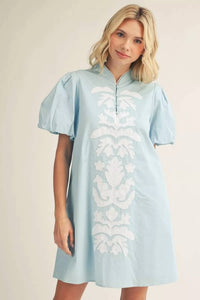 Jodifl - Puff Sleeve Floral Applique Mini Dress