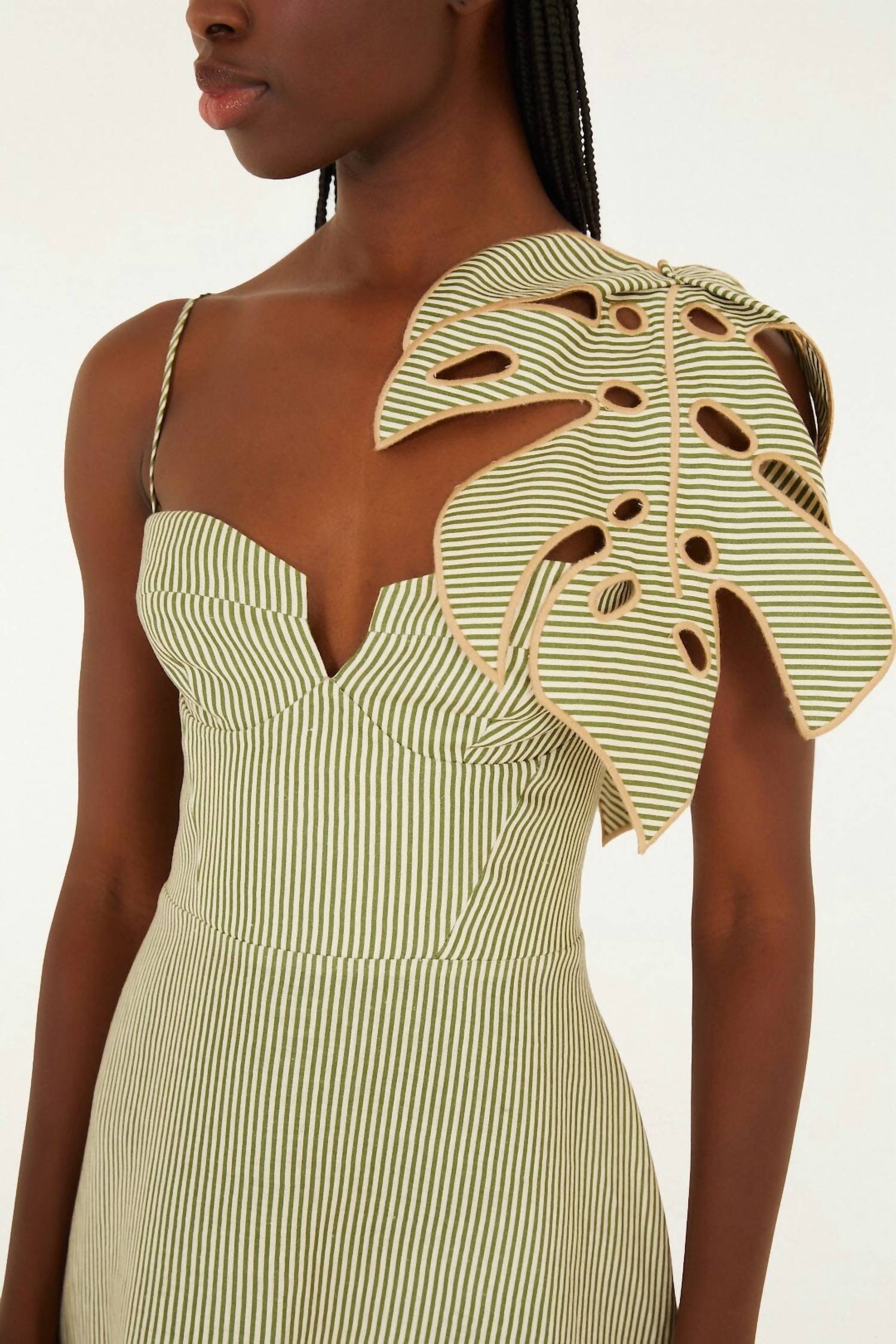 Farm Rio - Striped Monstera Leaf Sleeveless Midi Dress