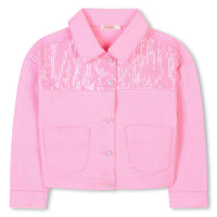 Billieblush Girl's Long Sleeve Jean Jacket in pink denim - kids' jacket - detail view