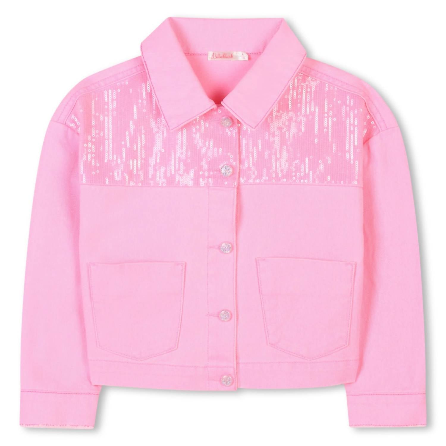 Billieblush Girl's Long Sleeve Jean Jacket in pink denim - kids' jacket - detail view
