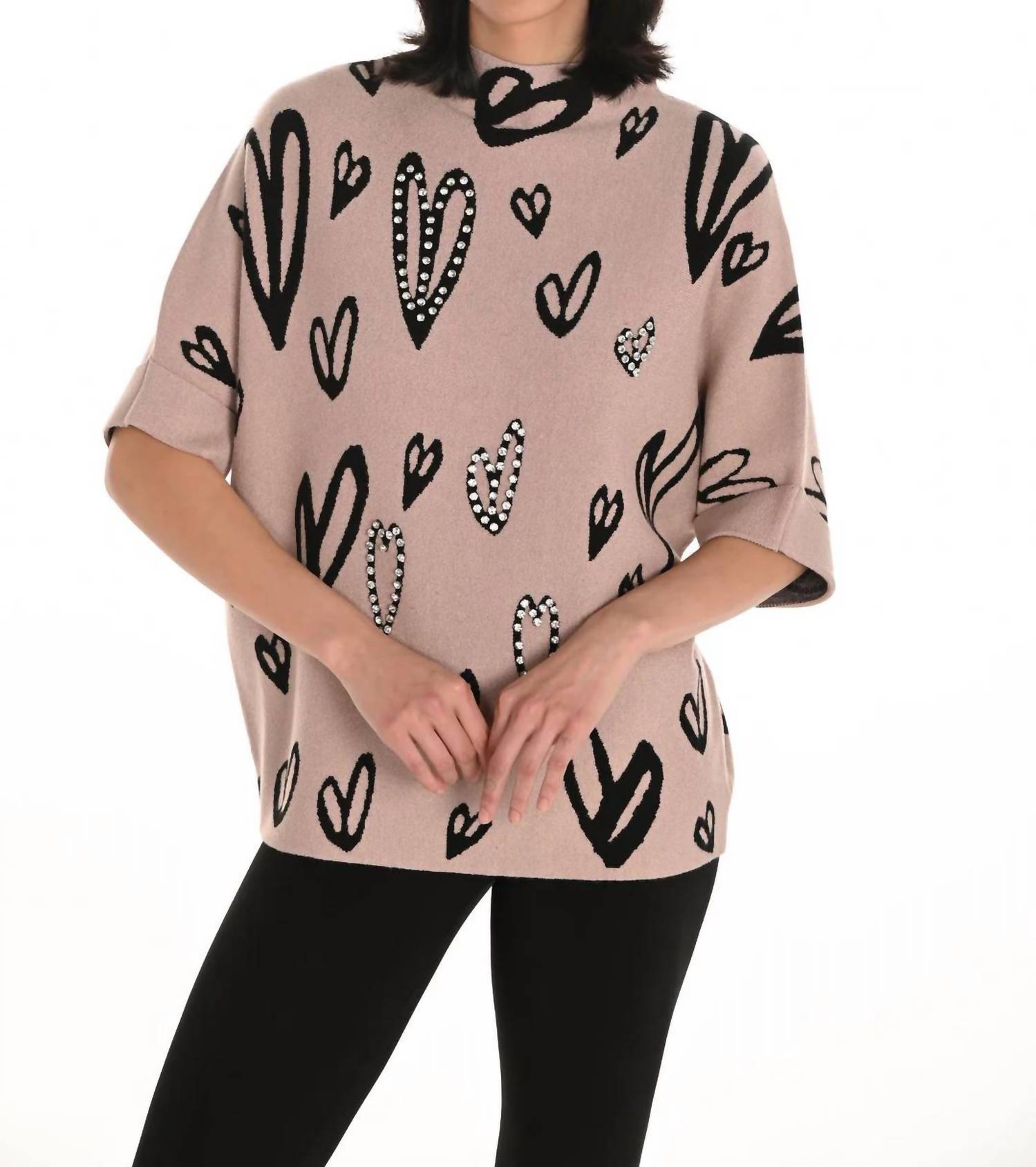 Frank Lyman - Brisa Mock Neck Heart And Rhinestone Embellished Pullover Sweater