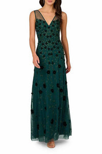 Adrianna Papell - Floral Beads V-neck Sleeveless Dress