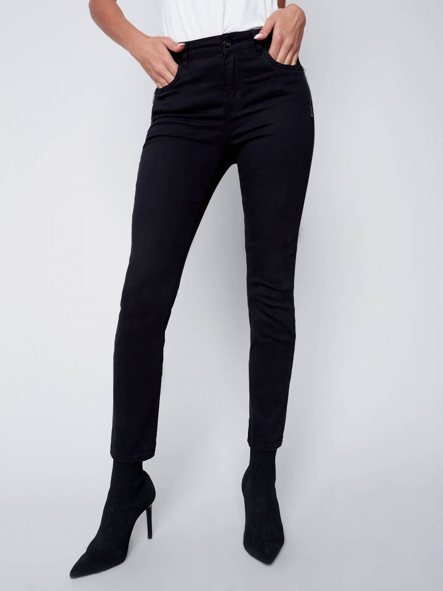 CHARLIE B Twill Flare Pant in black - women's pants - detail view