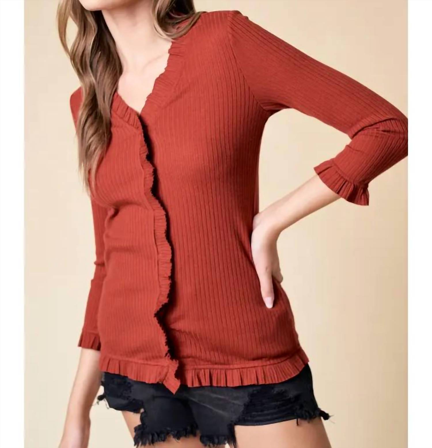 Doe and Rae V-neck Frill Rib Top in chestnut - women's long sleeve top