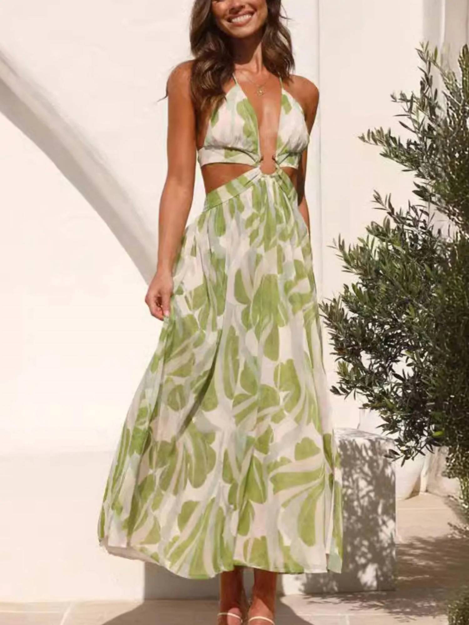 Trendsi - Tropical Print Backless Maxi Sleeveless Dress