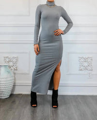 Surelymine - Turtle Neck Maxi Rib Dress With Side Slit