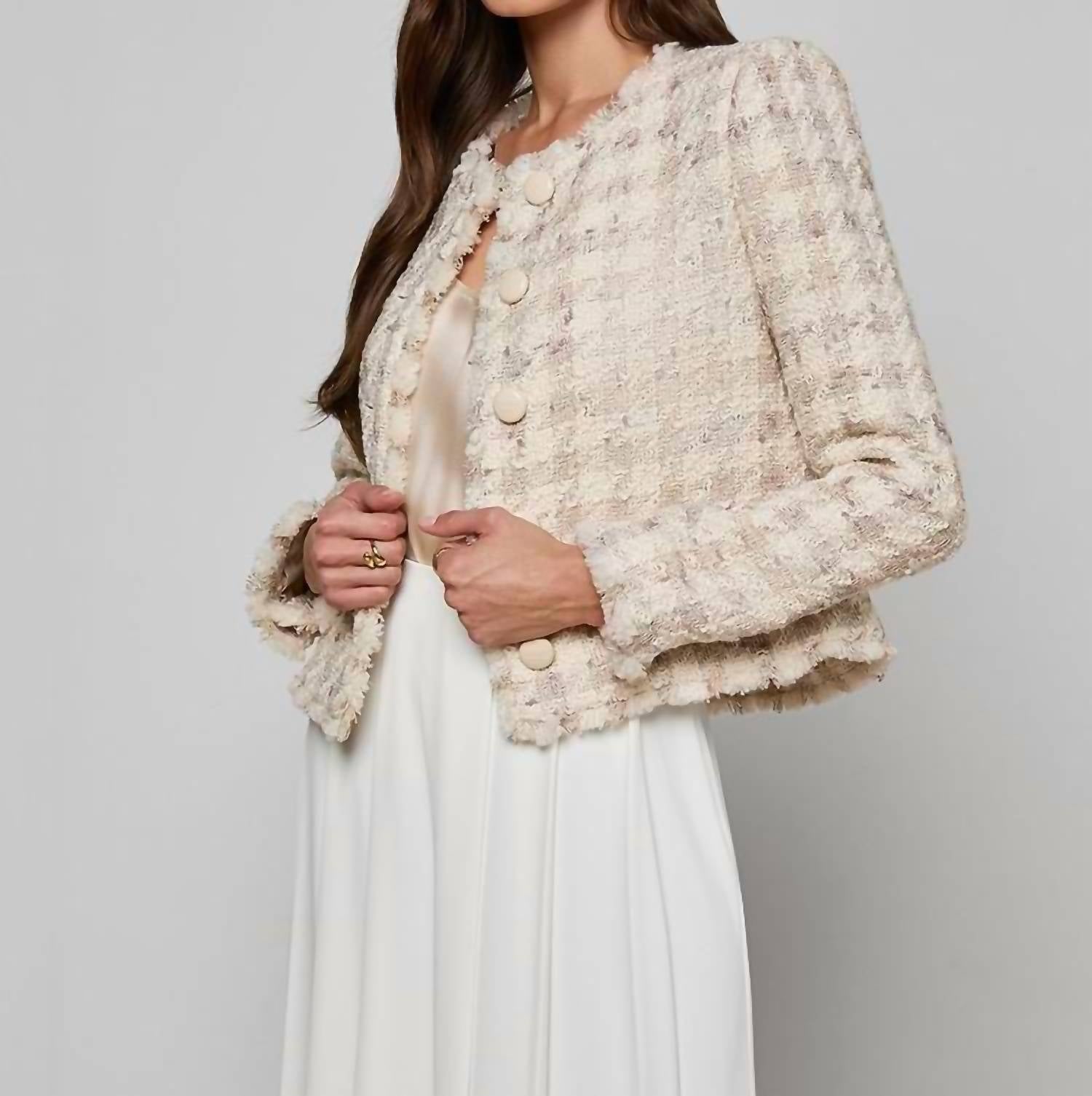 L'Agence Zell Collarless Jacket in taupe - women's jacket - detail view