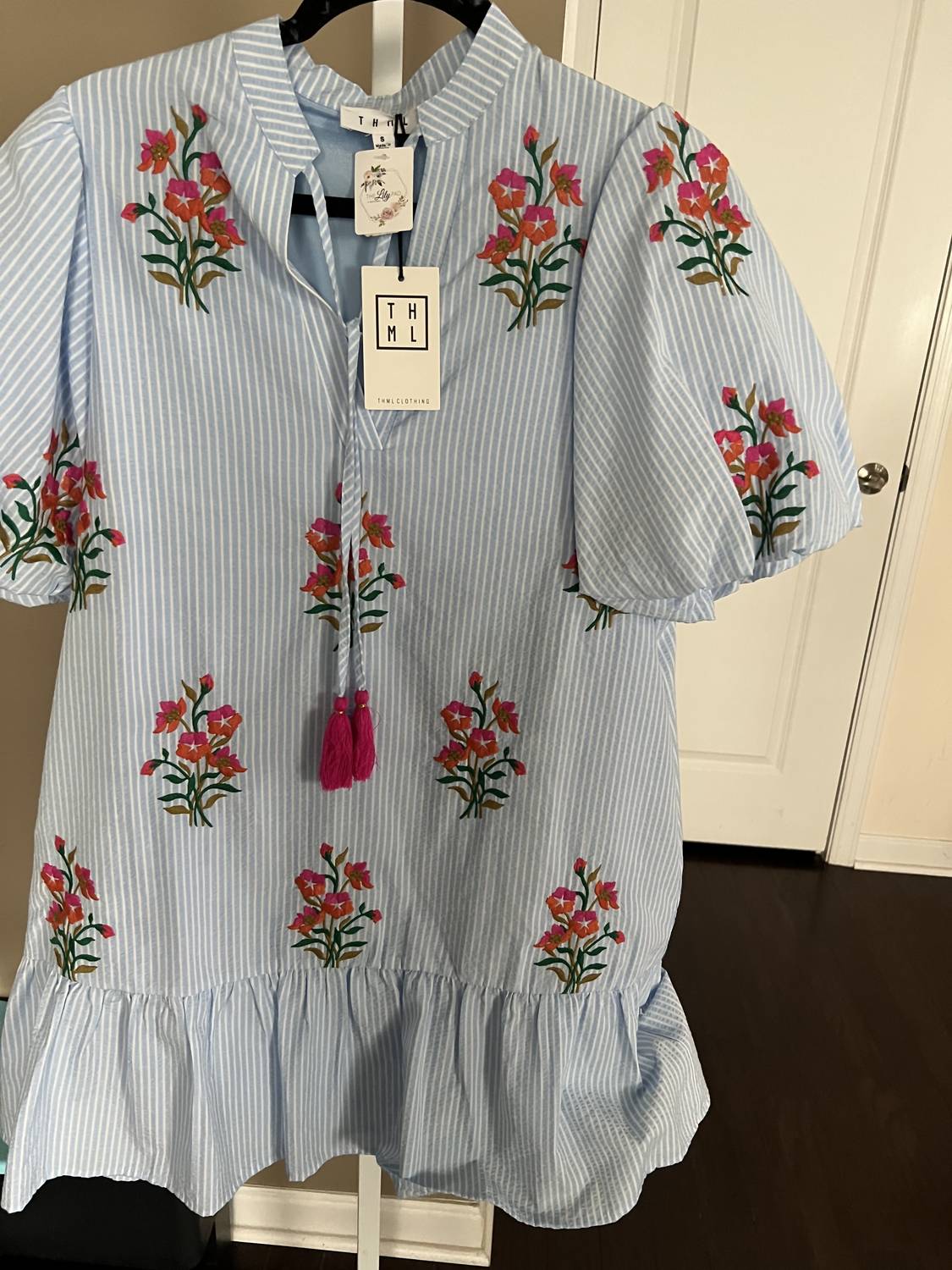 Thml - Women's Embroidered striped puff sleeve dress