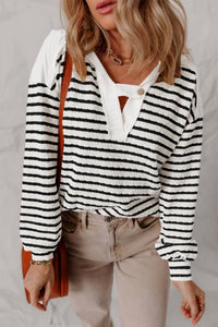 Aiwee Fashion - Textured Stripe V Neck Button Front Knit Top