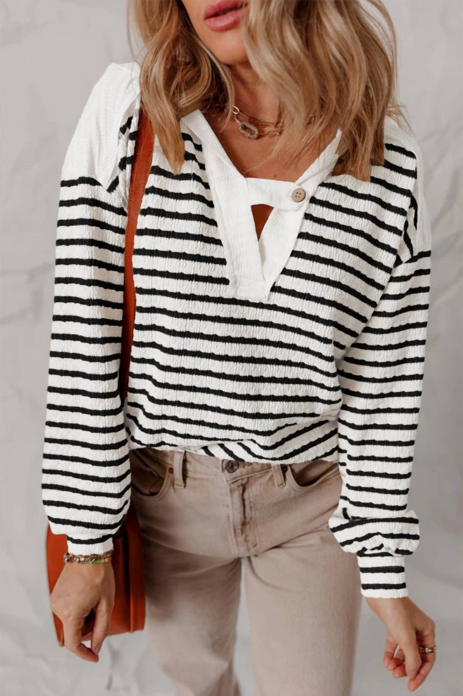 Aiwee Fashion - Textured Stripe V Neck Button Front Knit Top