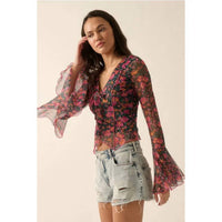 Promesa - Floral Mesh V-neck Bell-sleeve Blouse
