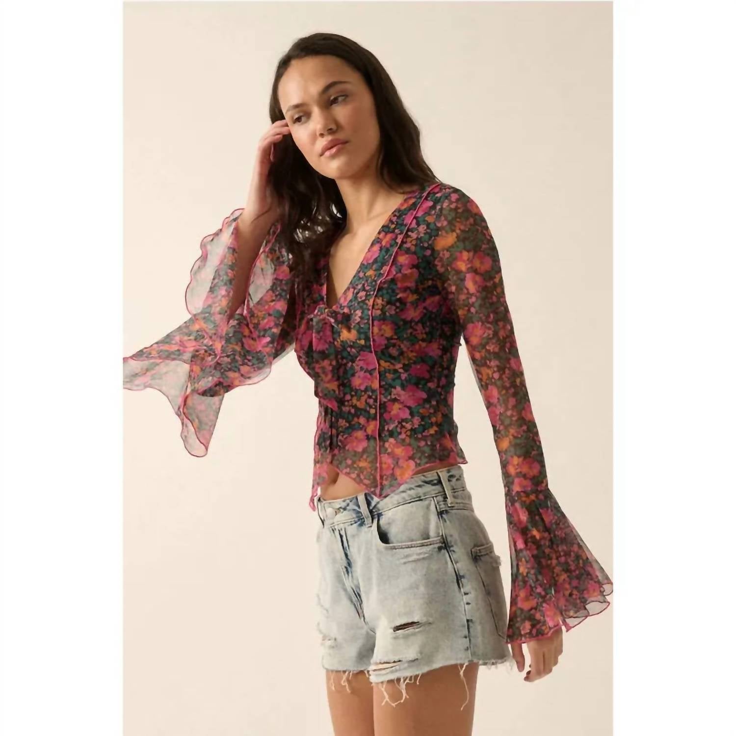Promesa - Floral Mesh V-neck Bell-sleeve Blouse