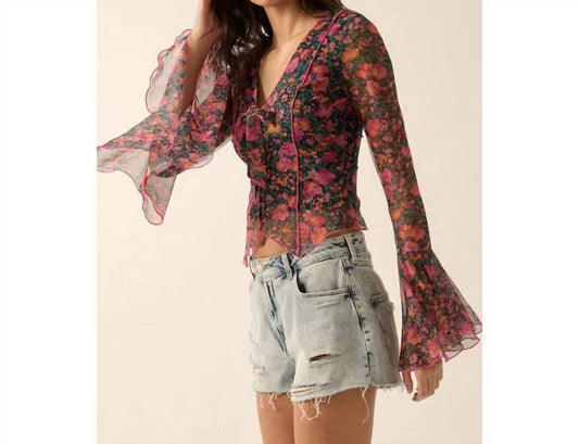 Promesa - Floral Mesh V-neck Bell-sleeve Blouse