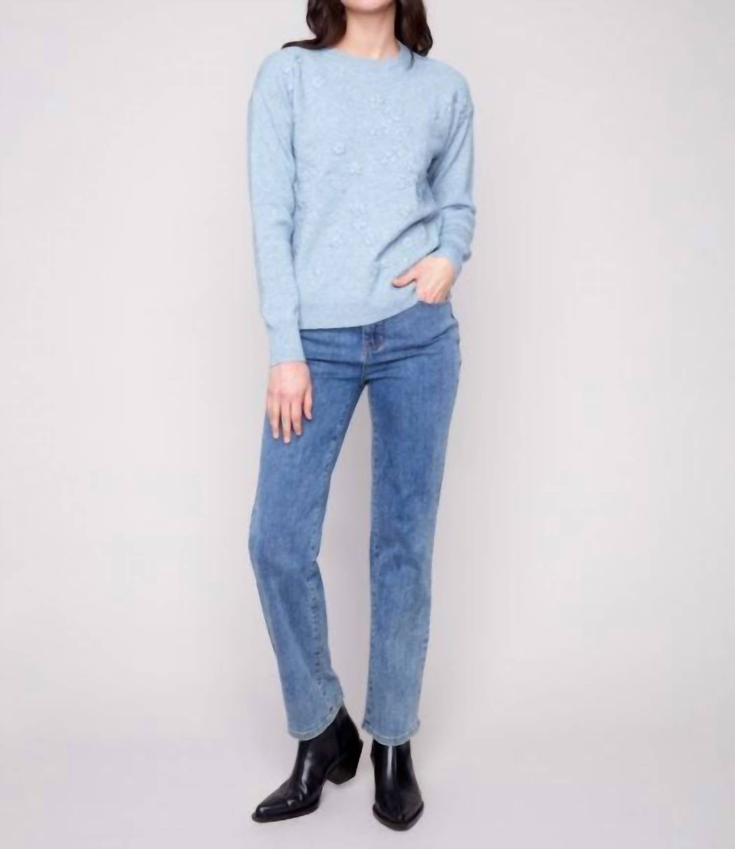CHARLIE B Crew Neck Sweater With Tonal Embroidery in oxford - women's sweater - view 4