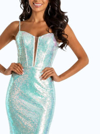 Sherri Hill Sequin Fitted Gown With Corset Top in light green - women's dress - detail view