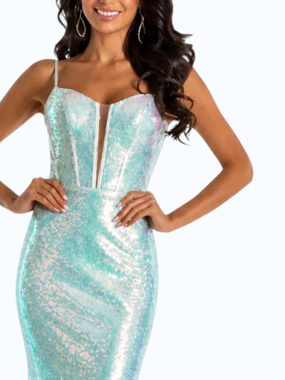 Sherri Hill Sequin Fitted Gown With Corset Top in light green - women's dress - detail view