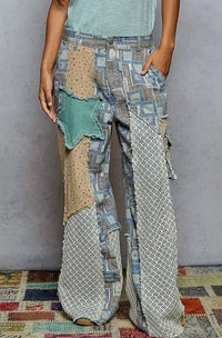 POL Spring Patchwork Pants in aqua multi - women's jeans - detail view