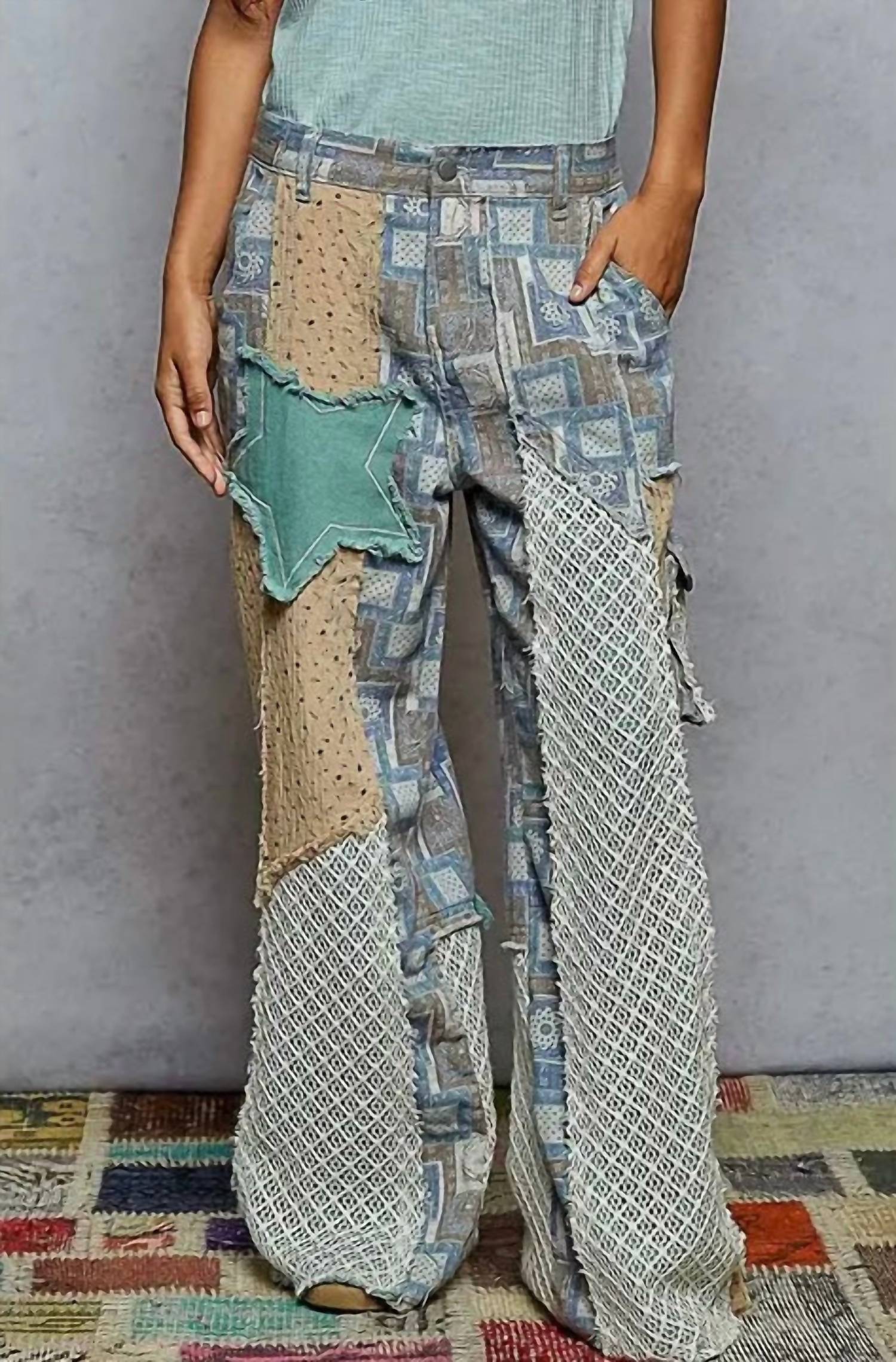 POL Spring Patchwork Pants in aqua multi - women's jeans - detail view