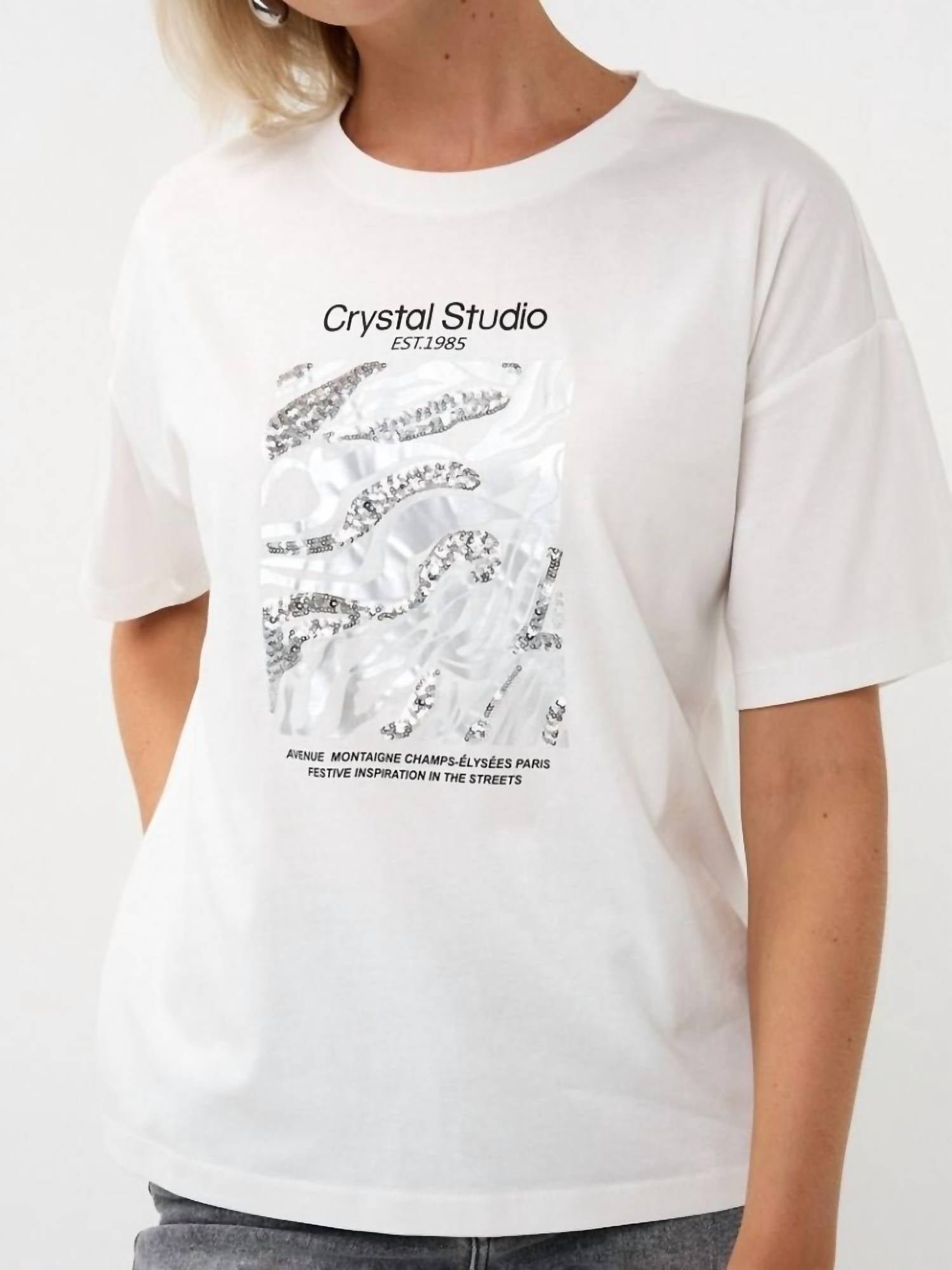 ESQUALO T-shirt Crystal Studio Top in off white - women's t-shirt - alternate view