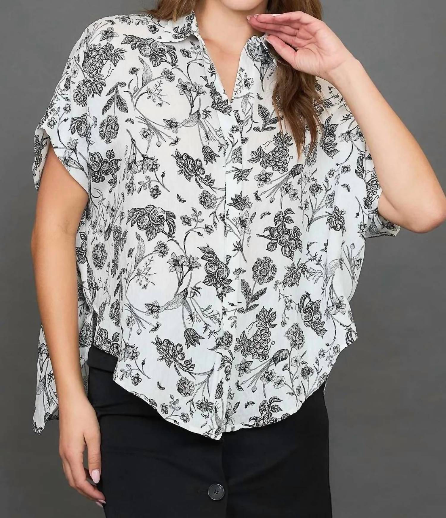 Umgee - Two Tone Floral Print Button Down Top