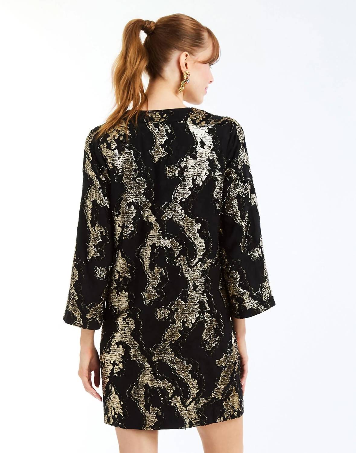 Mestiza New York Ines Caftan Mini Dress in black gold 1 - women's dress - detail view