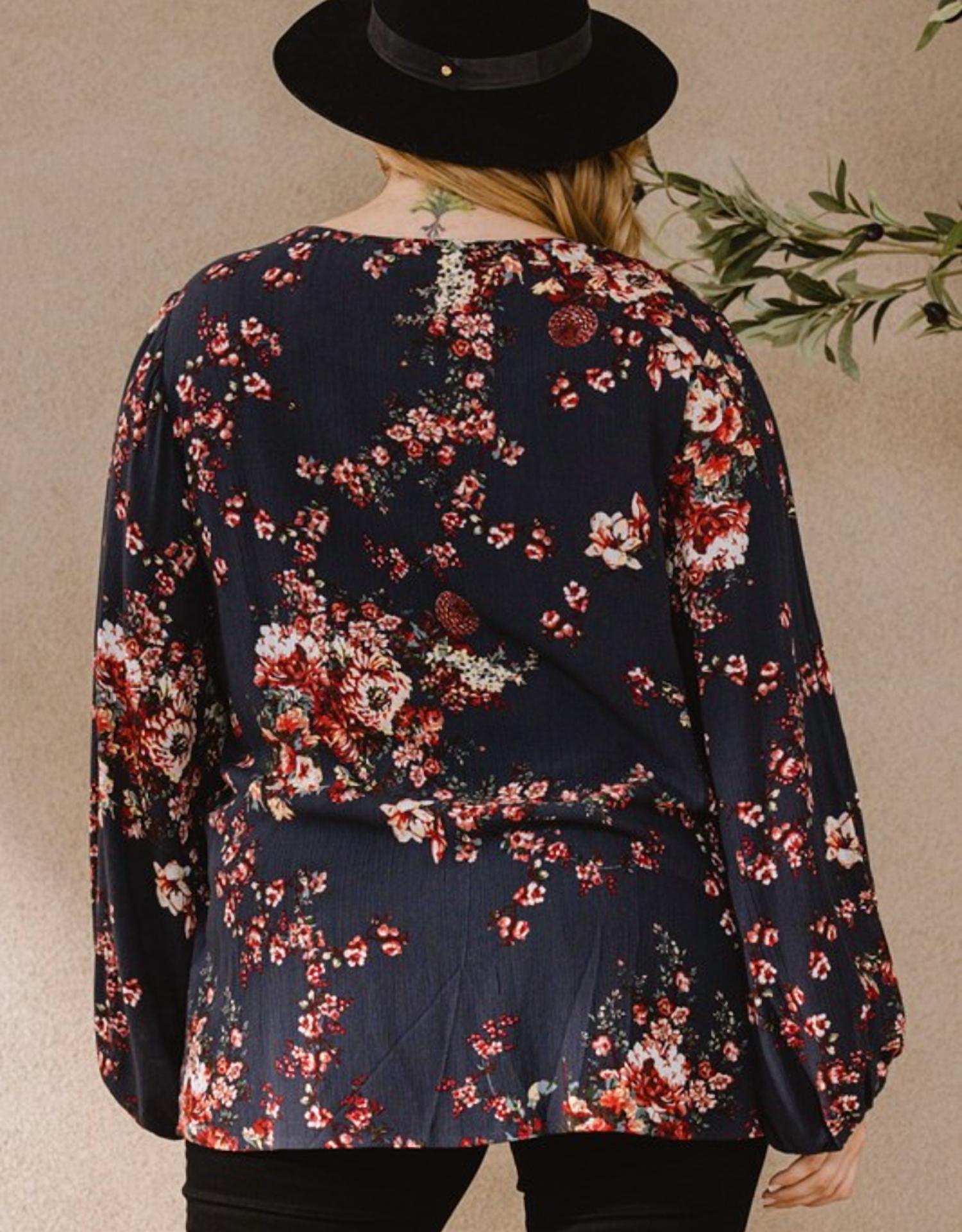 Oddi - Floral Print Balloon Sleeves Blouse - Plus