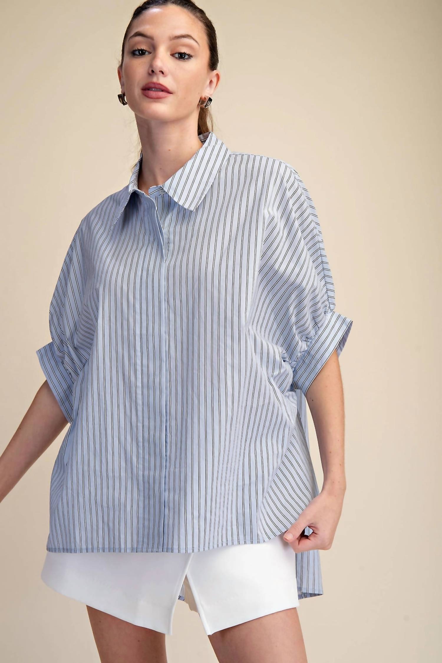 Glam - Collar Neck Short Kimono Sleeve Shirt