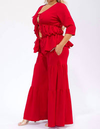 Karen T Design - Hollow Lace Up Top And Spliced Wide Leg Pants