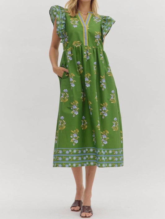 Entro - Split Neck Floral Framed Midi Dress