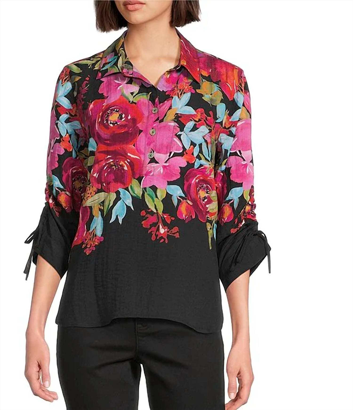 John Mark - Floral Border Print Pop Over Top