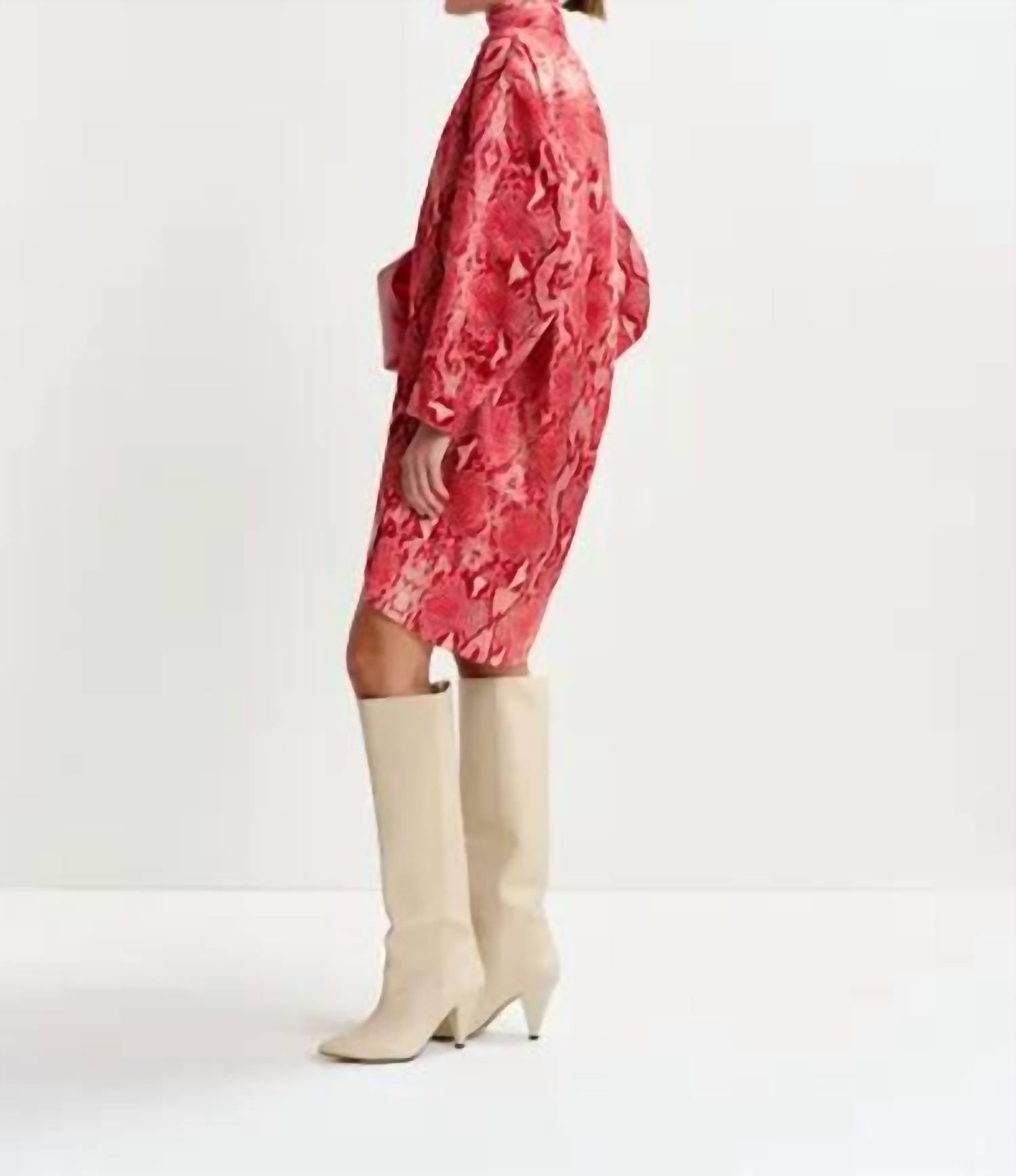 ESSENTIEL ANTWERP Illuminata Shirt Minidress in orange red snake print - women's dress - detail view