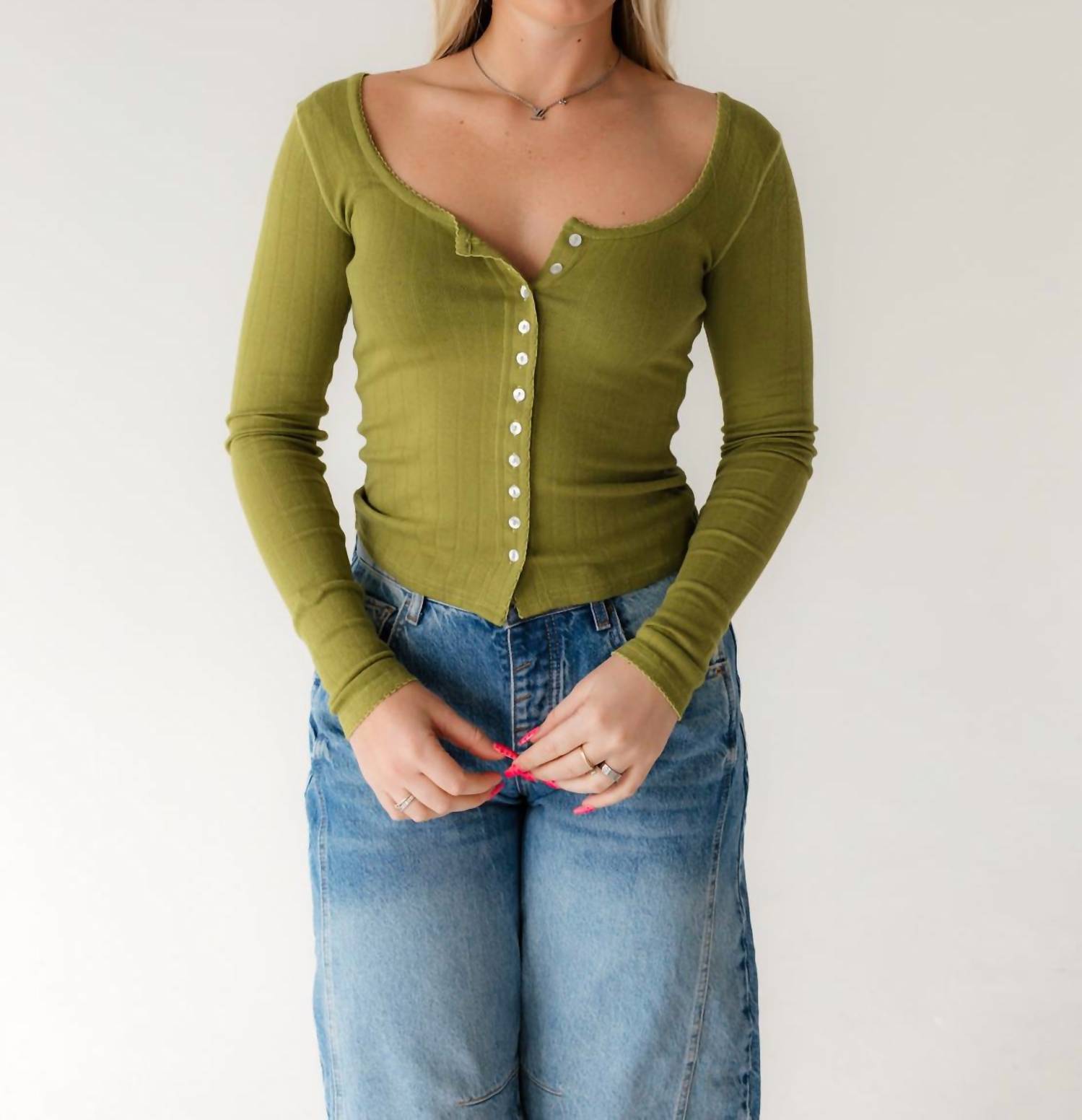 Free People End Game Pointelle Long Sleeve Top in fresh sprouts - women's long sleeve top - detail view