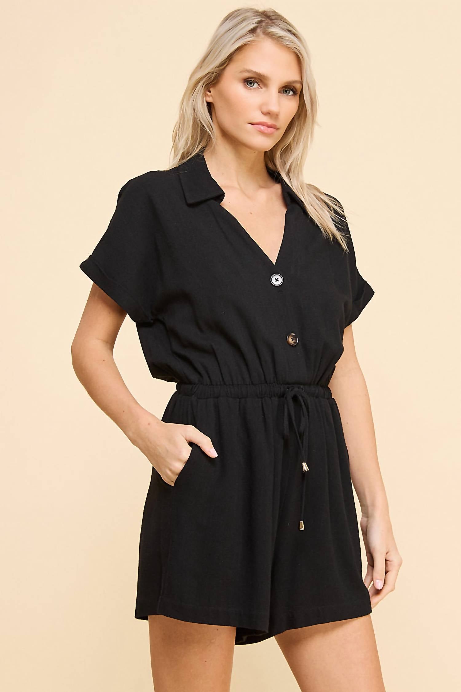 ALLIE ROSE Linen Button Romper in black - women's pants - alternate view