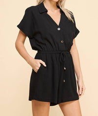 ALLIE ROSE Linen Button Romper in black - women's pants - detail view