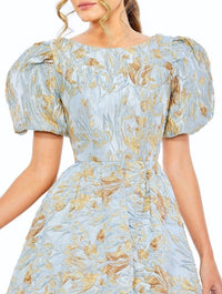 MAC DUGGAL Floral Jacquard High Low Evening Gown in blue and gold - women's dress - alternate view