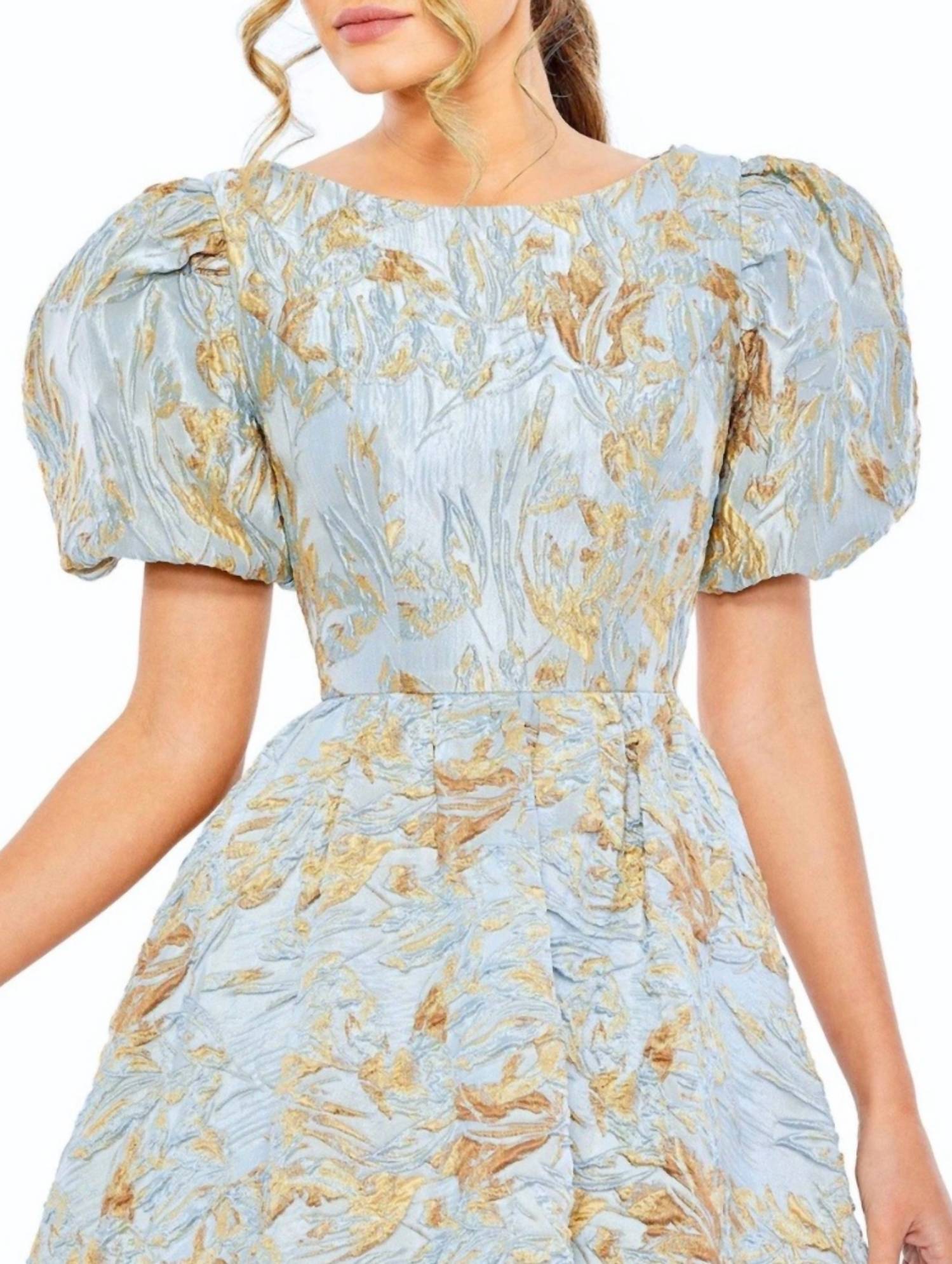 MAC DUGGAL Floral Jacquard High Low Evening Gown in blue and gold - women's dress - alternate view