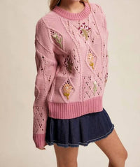 Listicle - Embroidered Flower Detail Checkered Knit Sweater